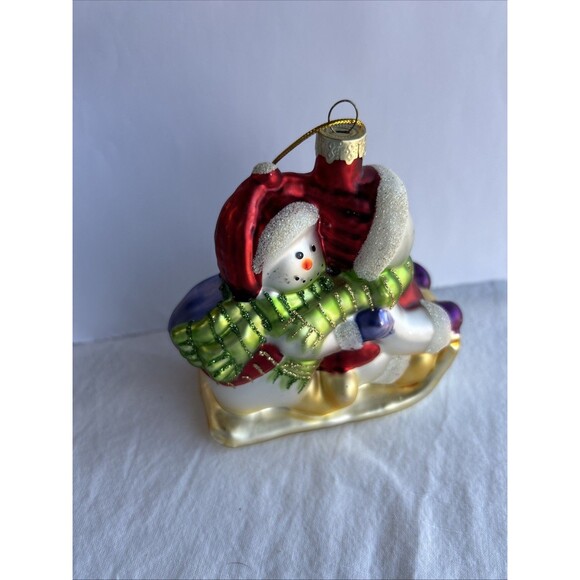 Vintage Glass Snowman Sled Ornament Hand Painted Glitter Christmas Holiday - Picture 6 of 7